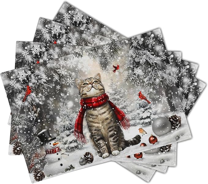 Winter Placemats Set of 4 - Cute Cat Snowman Xmas Tree Place Mat Tablemats 12x18 for Kitchen Dining Table