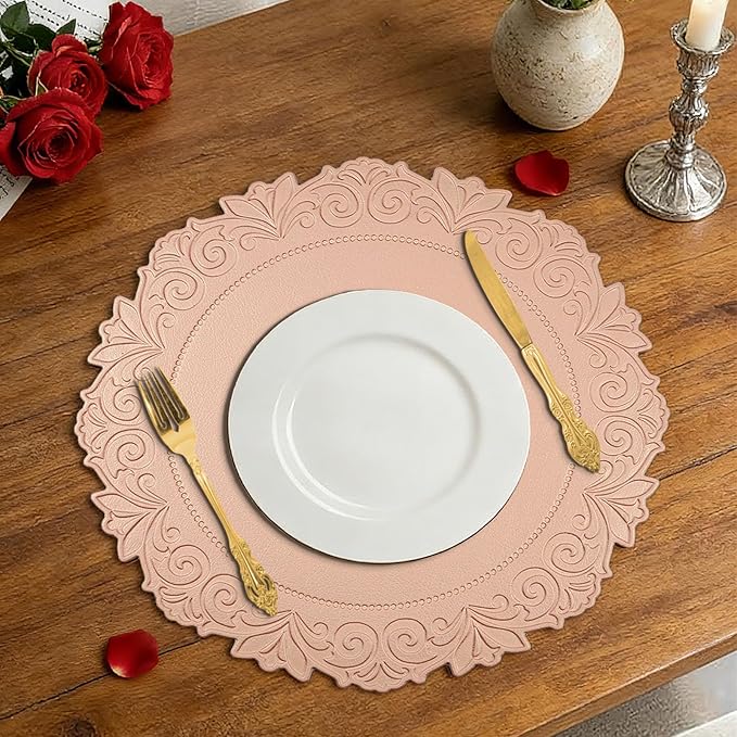 Noctiflorous Round Faux Leather 15 Inch Placemats Set of 6 Waterproof Wipeable Heat Resistant Tablemat for Dining Table Kitchen Non Slip Oilproof Table Place Mat for Indoor Outdoor(Pink, 6)