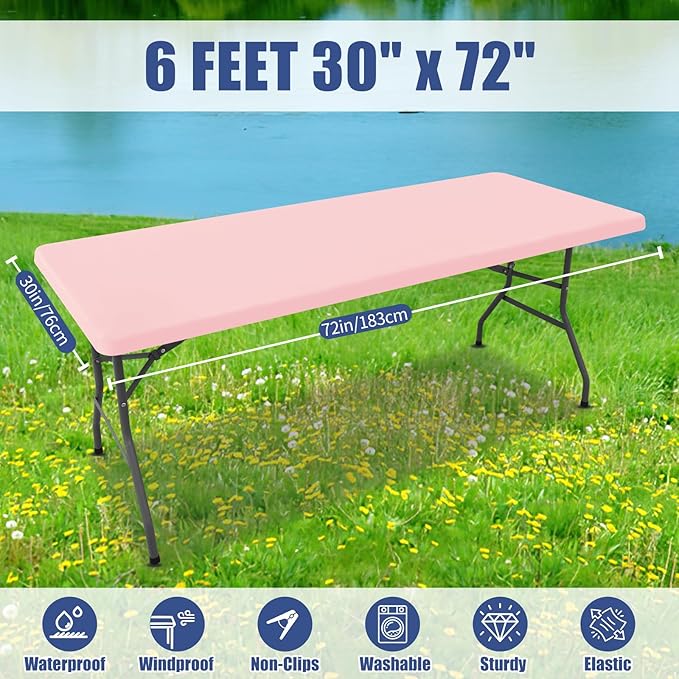 Spandex 6 Foot Rectangle Table Cloth 2 Pack, Elastic Fitted Tablecloths for Picnic, Stretch Washable Patio Table Cover for Outdoor, Camping, Banquet and Parties (Pink, 30"x72")