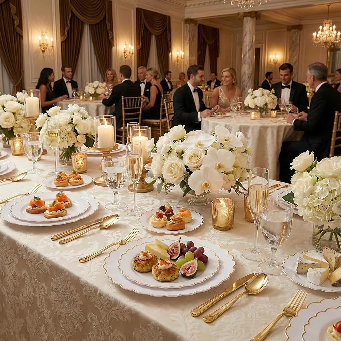 100Pcs White Gold Scalloped Plastic Dinner Plates Set - Image 2