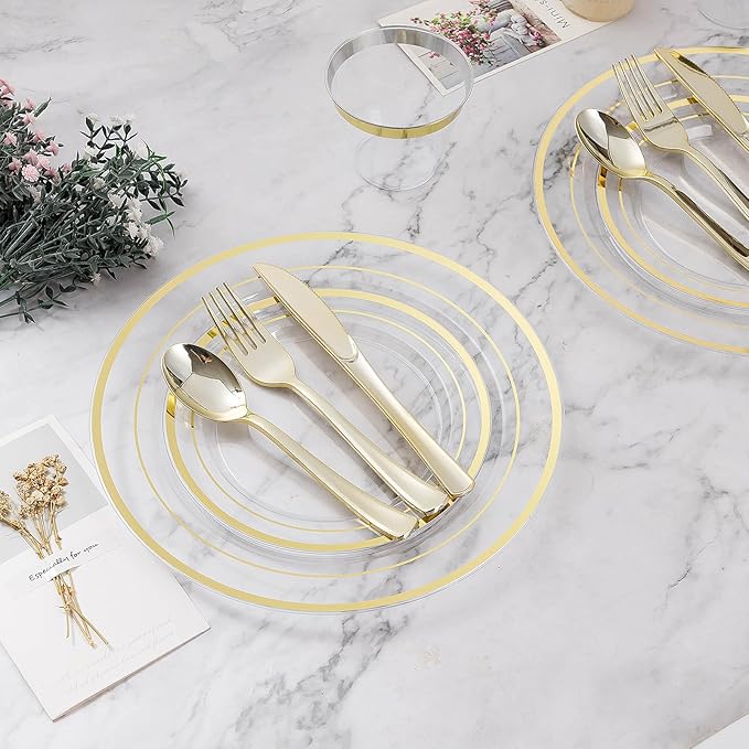 BESTVIP 100PCS 7 Inch Clear Plastic Dessert Plates, Disposable Salad Plate with Gold Rim, Heavy Duty Plastic Small Cakes Plates for Party, Wedding and Birthday, Christmas, Thanksgiving, Events