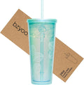 bzyoo 24oz Plastic Tumbler Cup, Lid & Straw, Iced Coffee, Pearl Green Leaf by bzyoo