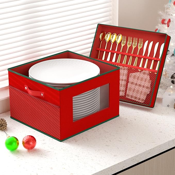 VERONLY China Storage Containers 2-Pack for Christmas and Holiday Dishes, Hard Shell Stackable Box with Felt Dividers, Holds 24 Fine Dinner Plates,Red