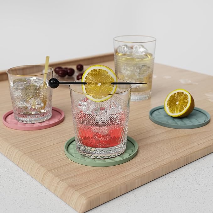 Silicone Coasters for Drinks[6 Pack, Sage Green] Diamond Design Cup Mat with Holder for Tabletop Protection Non Slip, Non Stick, Coffee Table Decor, Great Gift for Any Occasion