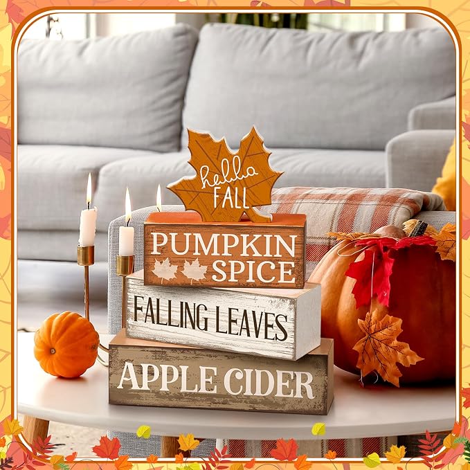 Moucuny 4 Pcs Fall Decor Wooden Maple Leaf Decoration Thanksgiving Tiered Tray - Image 7