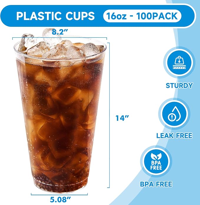 RACETOP 16 oz 100 Pack Disposable Plastic Cups, Disposable Clear Plastic Cups - Image 2