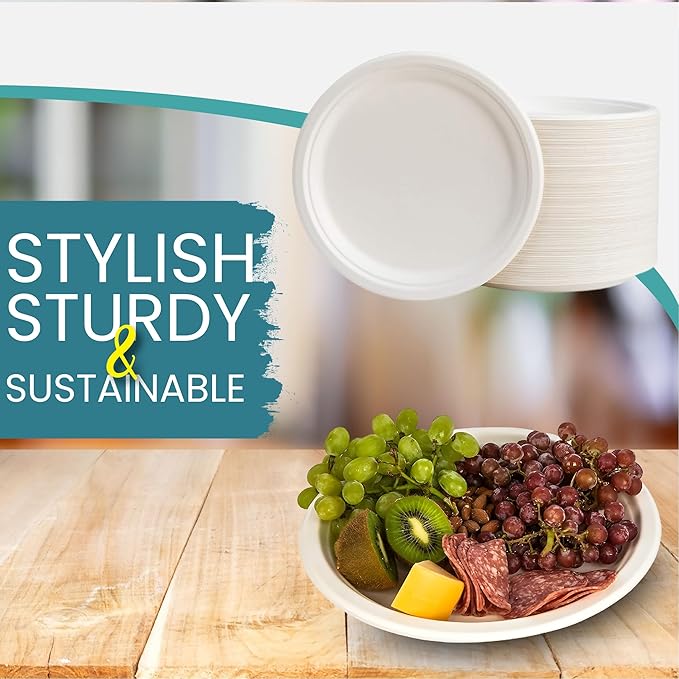100-Pack Heavy-Duty Compostable Paper Plates 6 Inch Biodegradable Disposable Dessert Plates Natural Sugarcane Bagasse, Eco-Friendly & Microwave Safe - Ideal for Parties or Everyday Use