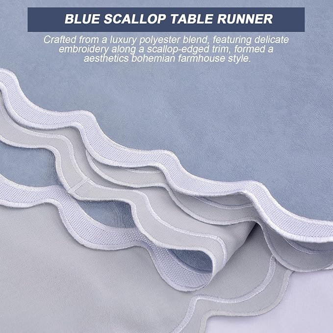 Small Dusty Blue Table Runner 15x36 Inch, Vintage Scalloped Coffee Table Cover - Image 3
