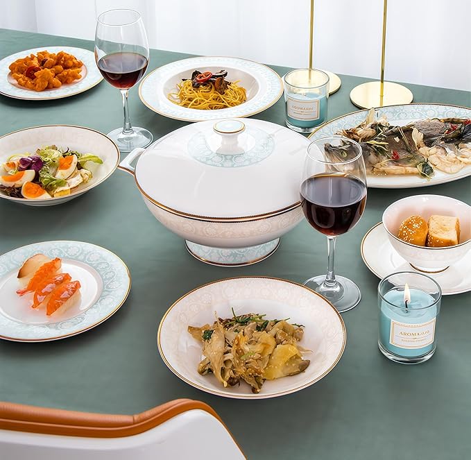 Fine Bone China Dinnerware Set,Porcelain&Ceramic Dinnerware Sets,Bone Stoneware & Ceramic Cookware Tableware Set Includes Dinner Plates|Spoons|Pasta Bowls|Soup Pot|Chopsticks (26PCS * 6-Person Set)