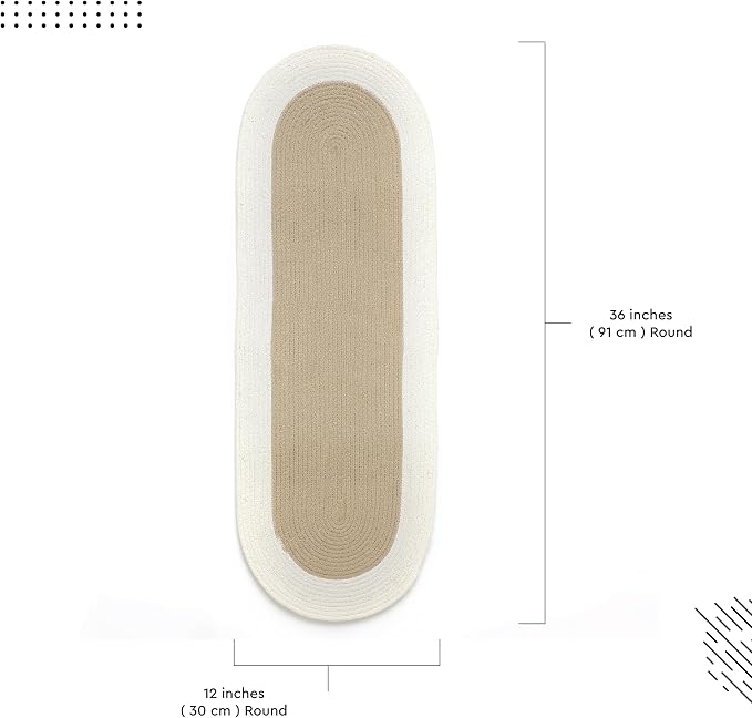 Encasa XO Dining Table Runner, Handmade Ribbed Cotton 12"x36" Beige & Off White - Image 5