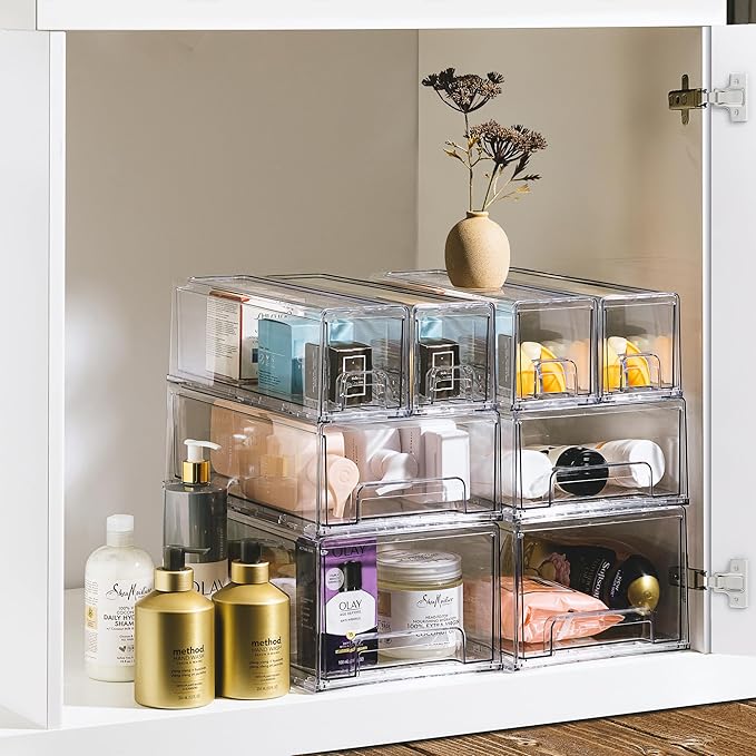 Sorbus Large Clear Stackable Storage Drawers – 6-Pack Plastic Organizer Bins with Handles – Stackable Pull-Out Storage Drawers for Closet, Pantry, Office, Bathroom, Craft, and Toy Organization