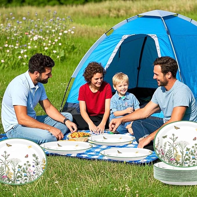 50Pcs Wildflower Oval Paper Plates 10" x 12" Large Disposable Heavy Duty Vintage Green Wildflower Platters Spring Butterfly Flowers Dessert Plates for Seasonal Lunch Dinner Tea Picnic Party Supplies