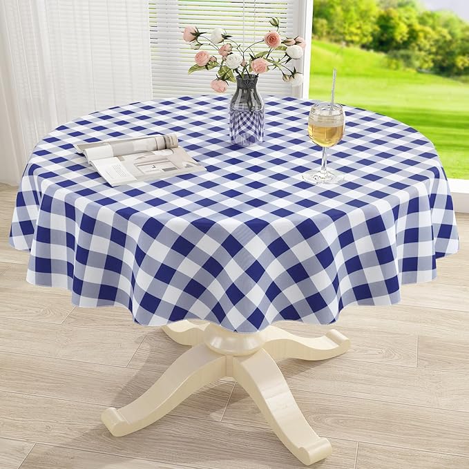 misaya Round Waterproof Vinyl Table Cloth, Buffalo Flannel Backed Tablecloth, Wipeable Plastic Table Cover for Dinner, Kitchen, Picnic (60", White and Navy)