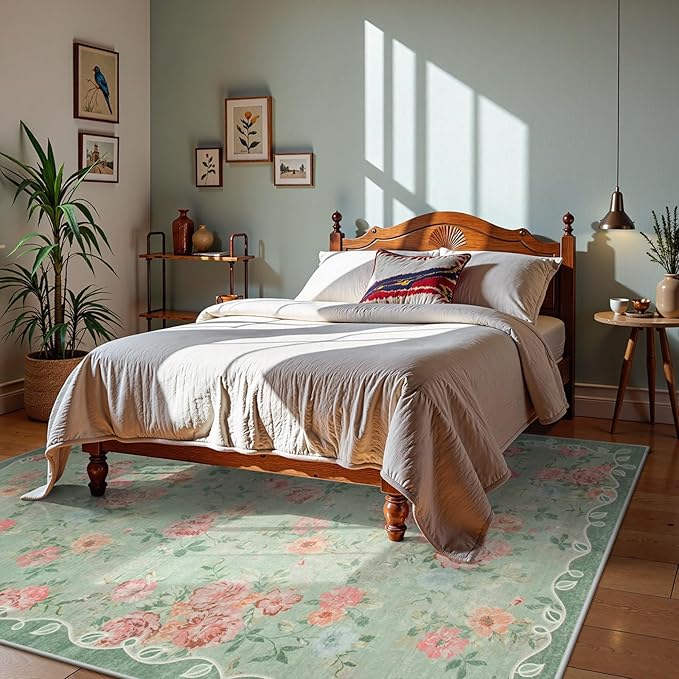 Lahome Washable Rugs 8x10,Boho Green Rugs for Living Room,Floral Vintage Bedroom Rug Non Slip Carpet for Living Room Farmhouse,Dining Room,Kids Playroom (8'X10',Green)