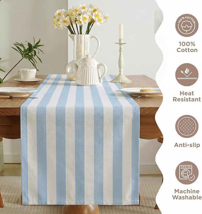 Folkulture Table Runner 108 Inches Long Blue & White Striped Cotton Coastal - Image 6