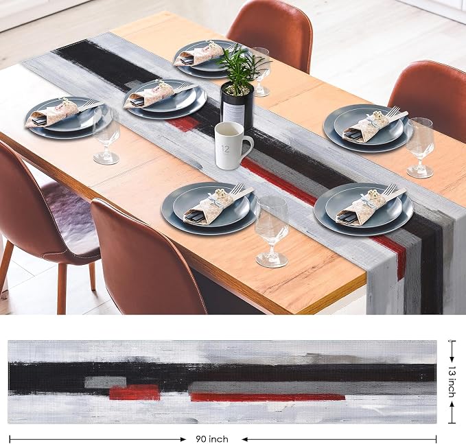 Emvency Table Runner, 13x90 Inch, Modern Art Painting | Black Red Dining Decor - Image 2
