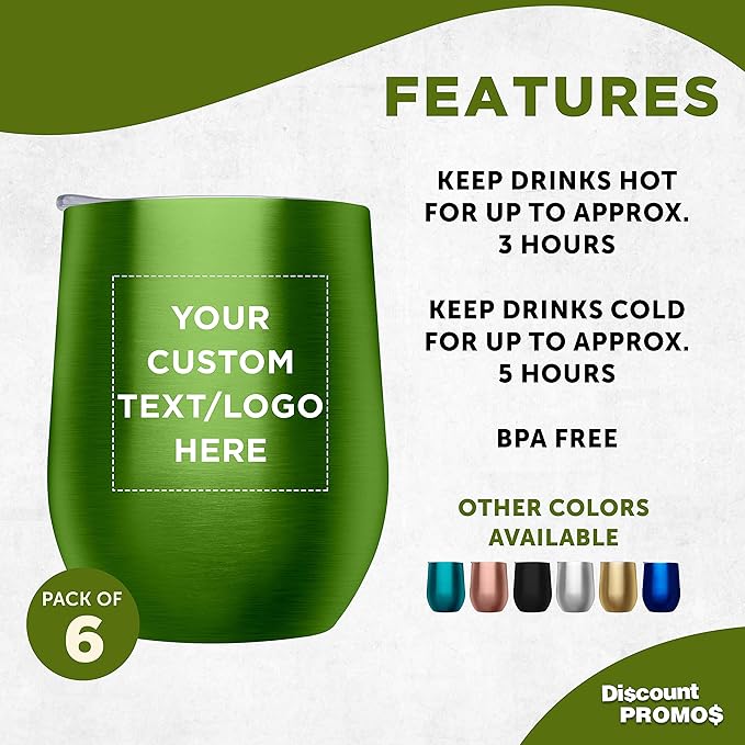 Custom Stemless Wine Glass Tumblers with Lids by Largo 11 oz. Set of 6, Personalized Bulk Pack - Perfect for Wine, Cocktails, Other Hot & Cold Beverages - Lime Green