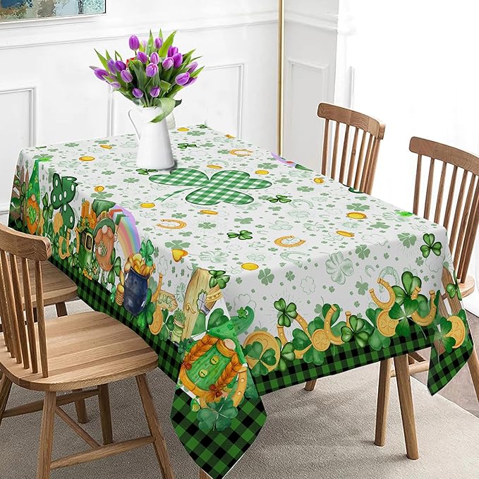 St Patricks Day Tablecloth, St Patricks Table Cloth Rectangle 60 x 104 with Shamrock Gnome, Saint Patricks Day Oblong Tablecloth Buffalo Check Plaid Kitchen Table Cover for Dining Room Indoor Decor