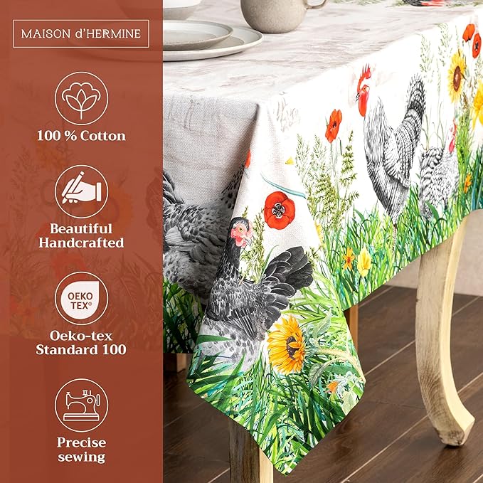 Maison d' Hermine Table Cloth Rectangle Table 100% Cotton 60 x 108 Inches Tablecloth Reusable Decorative for Dining Room Farmhouse Home Valentines Day Decorations Spring Summer - Basse Cour