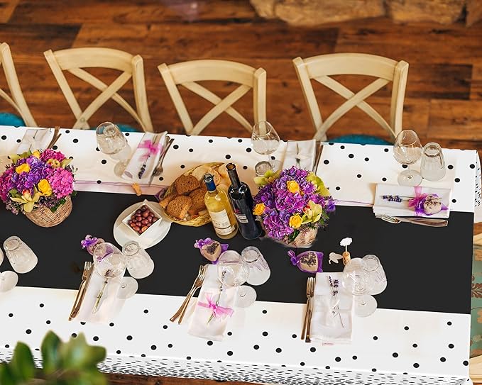 Oudain 6 Pcs White and Black Tablecloth for Parties Plastic Dot Tablecloths Printed Table Runner Waterproof Disposable Rectangle Table Cover for Christmas Birthday Wedding Party, 54" x 108"