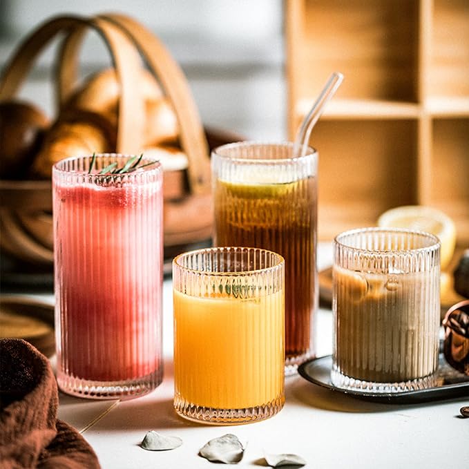Drinking Glasses with Origami Style Set of 4 Glass Cups, 12 oz Ribbed Glassware - Image 3