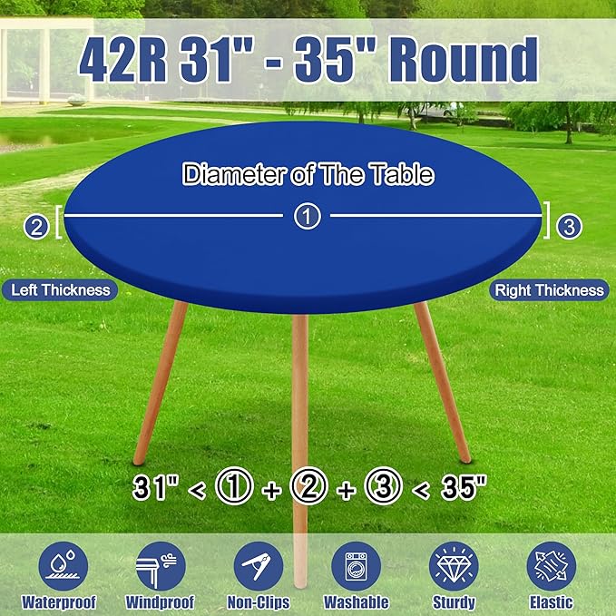 Round Spandex Tablecloth 2 Pack, Elastic Fitted Waterproof Tablecloths for 31"-35" Tables, Stretch Washable Picnic Table Cover for Camping, Dining, Indoor and Outdoor, Blue