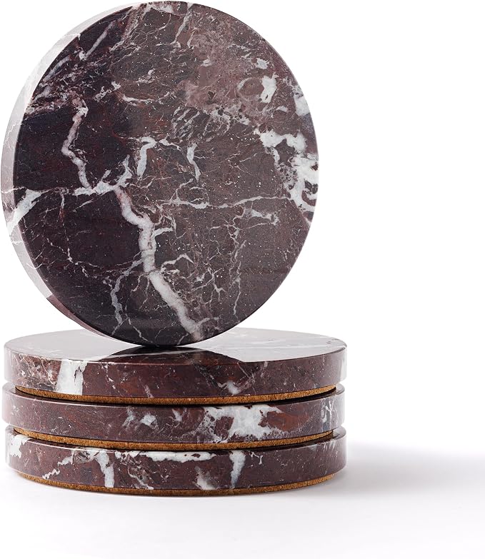 Natural Marble Coasters Set of 4-4" Round Stone Drink Coasters, Non-Slip Cork by WORHE