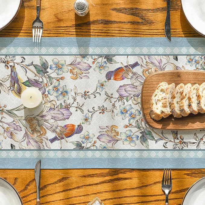 Artoid Mode Blue Birds Flowers Blossom Table Runner, Seasonal Spring Floral - Image 7