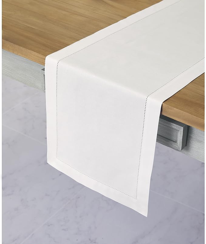 Solino Home Cotton Linen Dining Table Runner White Hemstitch, 14 x 132 in | - Image 2
