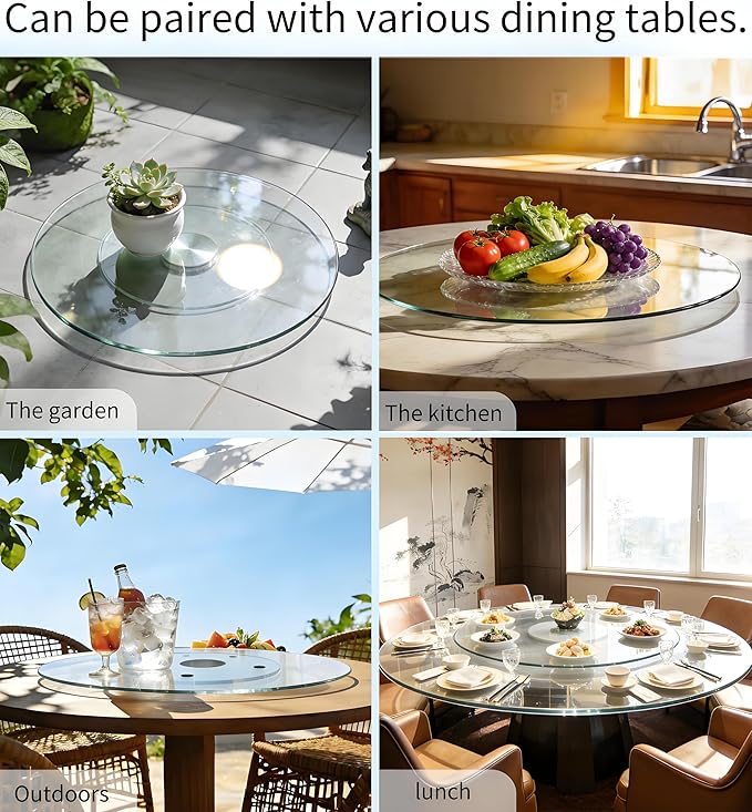 20" Glass Lazy Susan for Dining Table, Glass Turntable Table Centerpiece with 6 Rotating Wheels, 360° Smooth and Silent Spin Tabletop Rotating Tray, for Family Gatherings, Banquets, Weddings, 51 cm