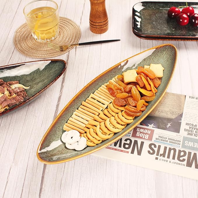 Serving Platter Olives Plate Large Tray Set of 4, For Entertaining Porcelain Trays, Salad, Appetizer, Pasta,Microwave, ovens dishwashers Safe,Brown reactive glaze 15.4 Inch