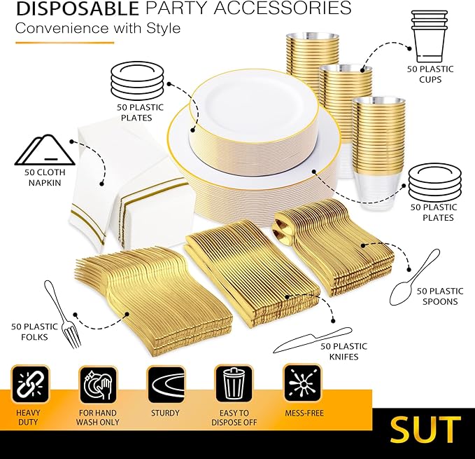 SUT 350 PCS Elegant White and Gold Disposable Dinnerware Set - Premium Dinner & Salad Plates, Cups, Napkins & Cutlery for 50 Guests - All-Inclusive Party Plastic Plates