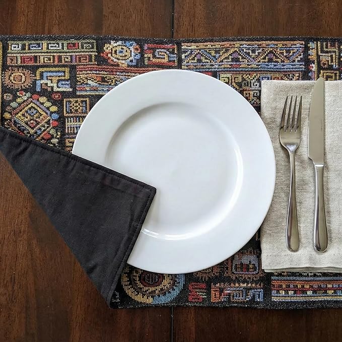 DaDa Bedding Bohemian Ethnic Ornaments Tapestry Placemats - Set of 4-Pieces Greek Ethnic Calligraphy Geometric Colorful Dark Black Design - Decorative Cotton Woven Kitchen Dining Mats - 13” x 19”