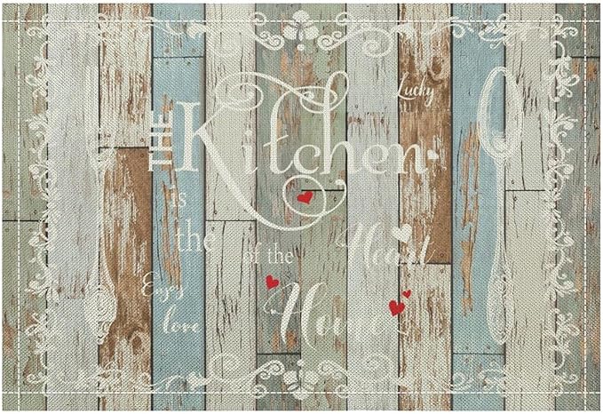 Vintage Farmhouse Placemat Set, Green Blue Rustic Wooden Plank Art Sketch Cutlery Knife Fork Inspirational Quotes Pattern Home Decor Linen Table Mats for Dining Room Kitchen Party (17x12in) x4P
