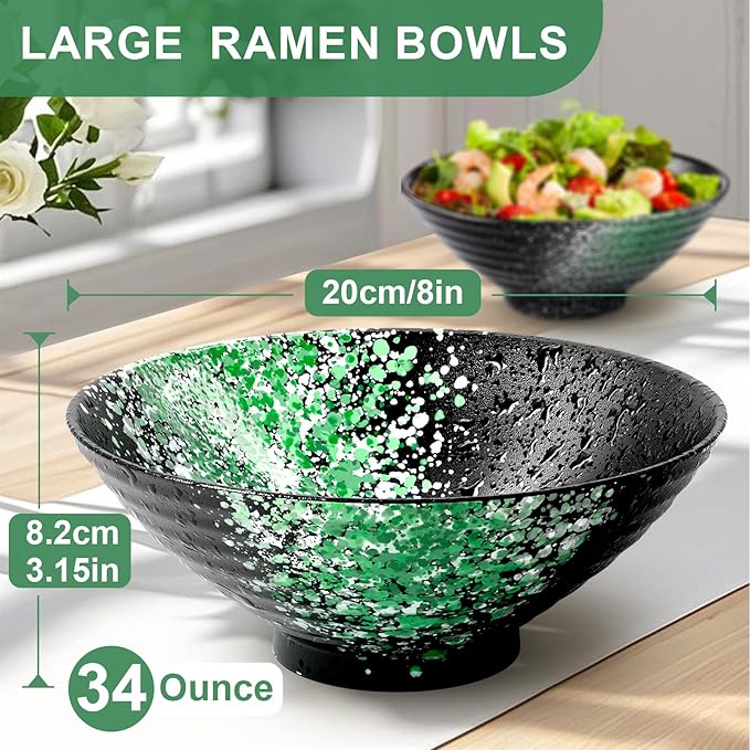 8-Inch Ceramic Ramen Bowl Set of 2 (9 Piece) - Porcelain Japanese Salad Noodles Cereal Fruit Pasta Soup Large Bowls with Recipes Chopsticks Forks Spoons for Men Women Gift Microwave & Dishwasher Safe