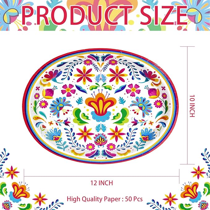 50Pcs Mexican Fiesta Oval Paper Plates 10" x 12" Large Disposable Heavy Duty Colorful Mandala Floral Party Plates Cinco De Mayo Dessert Platters for Taco Tuesday Birthday Party Supplies Decor