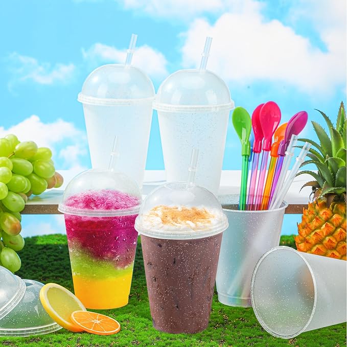 6 Set Slushie Cups with Dome Lids and Straws Detachable Spoon Straws Reusable - Image 4