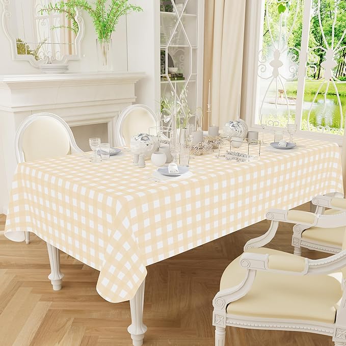 misaya Rectangle Waterproof Vinyl Table Cloth, Buffalo Flannel Backed Tablecloth, Wipeable Plastic Table Cover for Dinner, Kitchen, Outdoor (60" x 102", Beige and White)