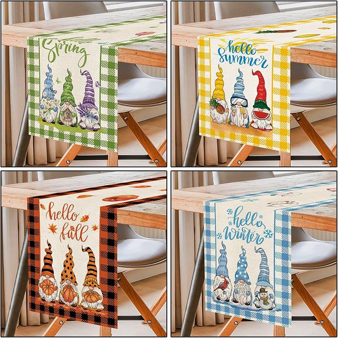 4 Pcs Cute Gnomes Buffalo Plaid Table Runner 72 Inches Long, Hello Spring Hello - Image 3