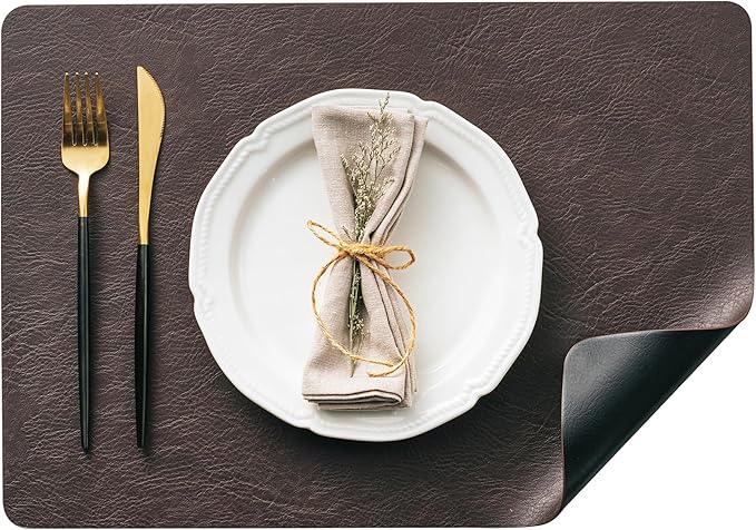 DOLOPL Placemats Set of 8 Reversible Dual-Color Table Placemats – Heat Resistant Wipeable & Brown Placemats, Luxury Faux Leather Table Mats for Vintage Dining Table Decor（Dark Brown & Black）