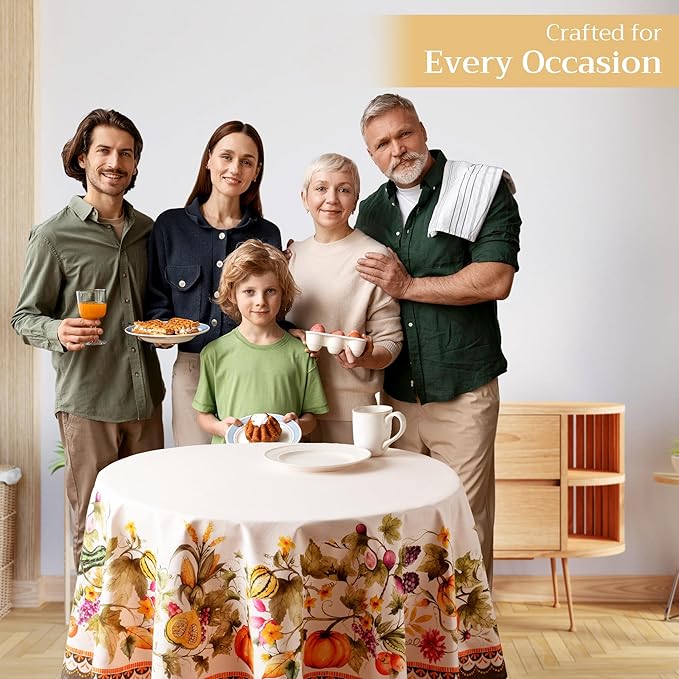 Maison d' Hermine Table Cloth Round Table 100% Cotton 69 Inches Fall Tablecloth Reusable Everyday Use for Thanksgiving Christmas Decorations Dining Farmhouse Party (Pumpkin Garden - Cloudy Cream)