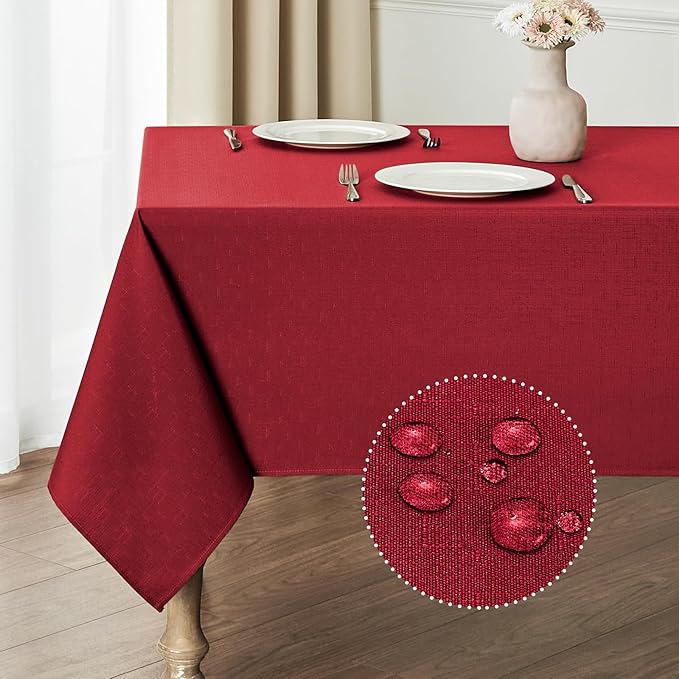 2 Pack Rectangle Tablecloth, 52x70 inch, Water Resistant Wrinkle Free Linen Textured Table Cloth Washable, Decorative Fabric Table Cover for Dining, Party and Camping, Red