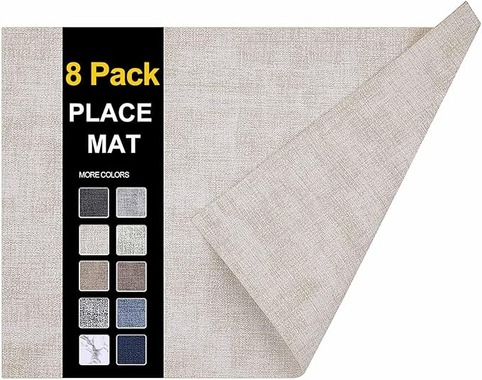 homing Faux Leather Heat Resistant Placemats 8 Packs, Waterproof Wipeable Dining PU Place Mats for Indoor & Outdoor, Easy to Clean, Beige