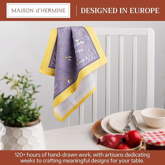 Maison d' Hermine Cloth Napkins Set of 4 100% Cotton Everyday Reusable Square Napkins Cloth Washable Dinner Wedding Restaurant Valentines Day Decorations Spring/Summer (Bees are Buzzing, 18" x 18")