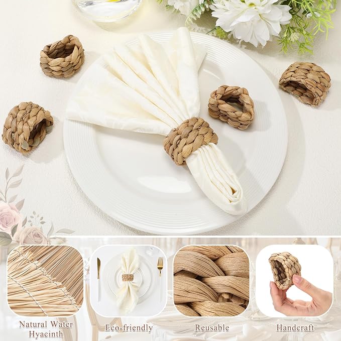 LemonRoad 50 Pcs Napkin Rings, Wood Color Woven | Water Hyacinth, Farmhouse - Image 3