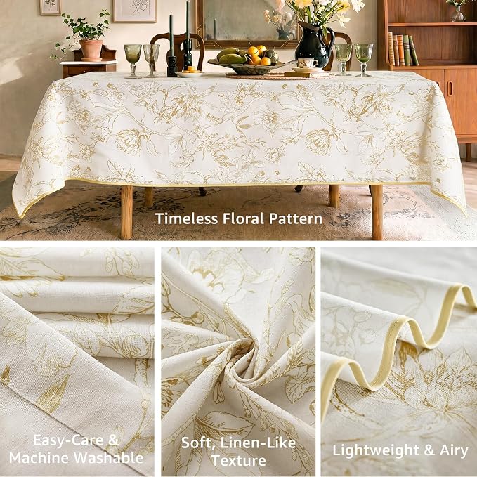 jinchan Yellow Floral Linen Rectangle Table Cloth 50 x 70 Inch | Soft floral - Image 3