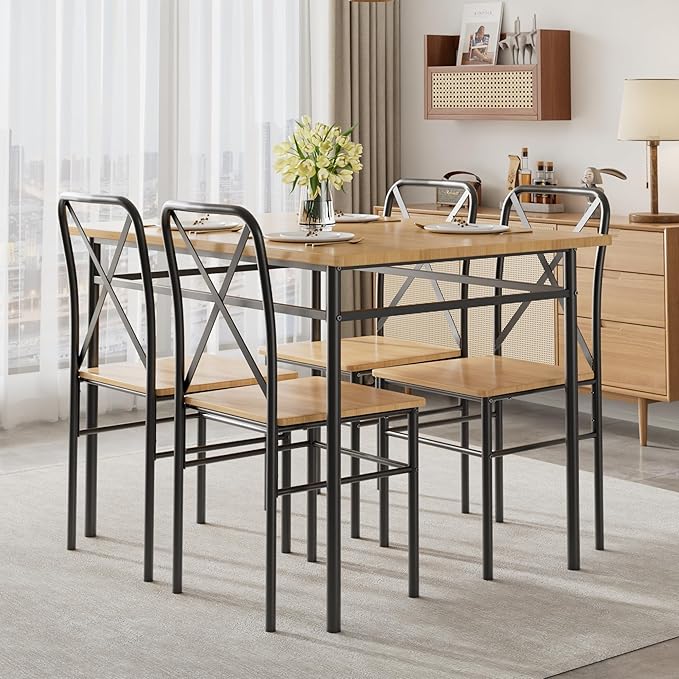 VECELO 5-Piece Kitchen Dining Table Set, Wood Tabletop & Heavy-Duty Metel Frame, Rectangle Dinette with 4 Chairs for Small Space, Breakfast Nook, Natural Black