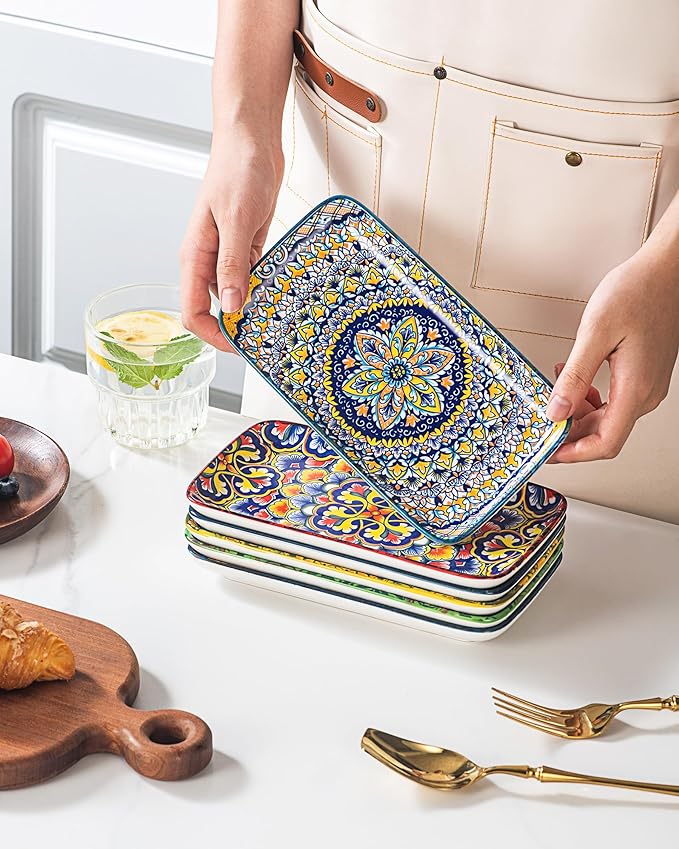 HENXFEN LEAD Ceramic Salad Plates 8 Inch – Rectangular Plates Set of 6 for Appetizer, Sushi & Dessert, Microwave & Dishwasher Safe