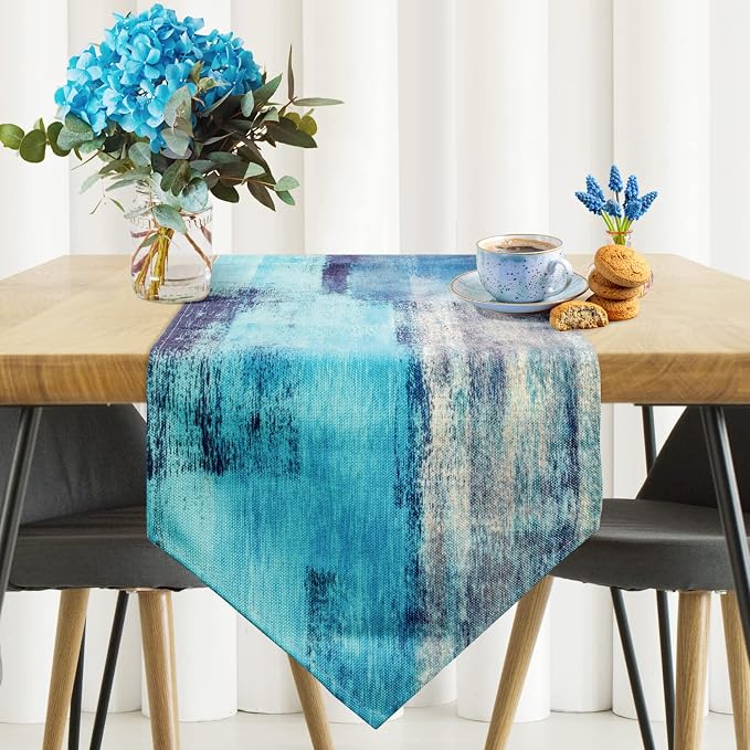 Turquoise and Grey Table Runners 90 Inches Long, Teal Abstract Modern Art - Image 2