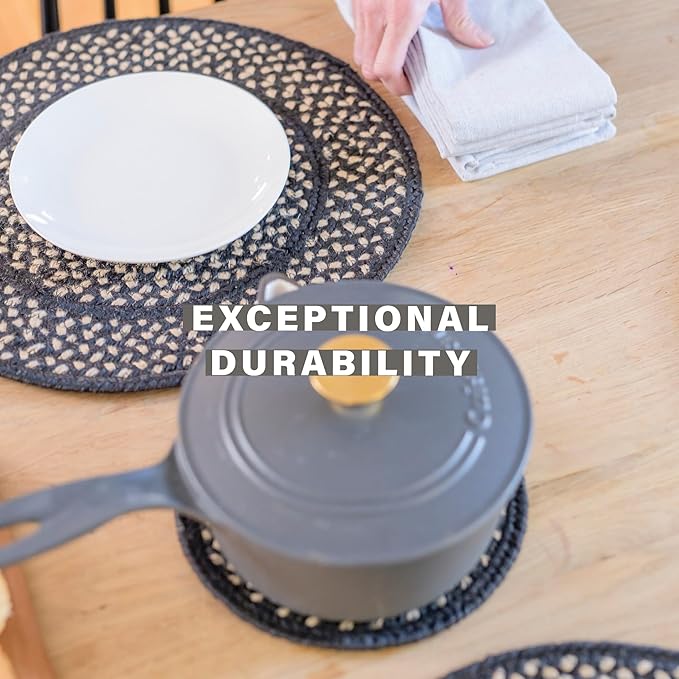 Homespice Manchester Round Braided Placemats, Country Primitive Decor, Set of 2, 15" Black and Tan Jute Table Mats - Vibrant Colors, Durable, Easy to Clean and Protects Furniture